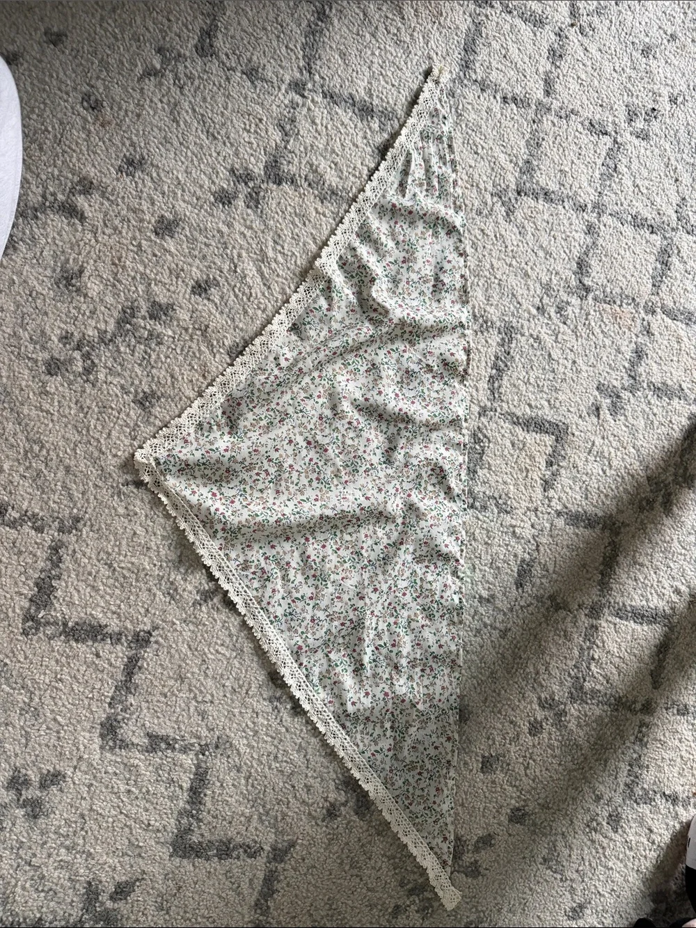 Floral Lace-Trim Triangle Head Scarf - White/Cream with Green and Pink Floral